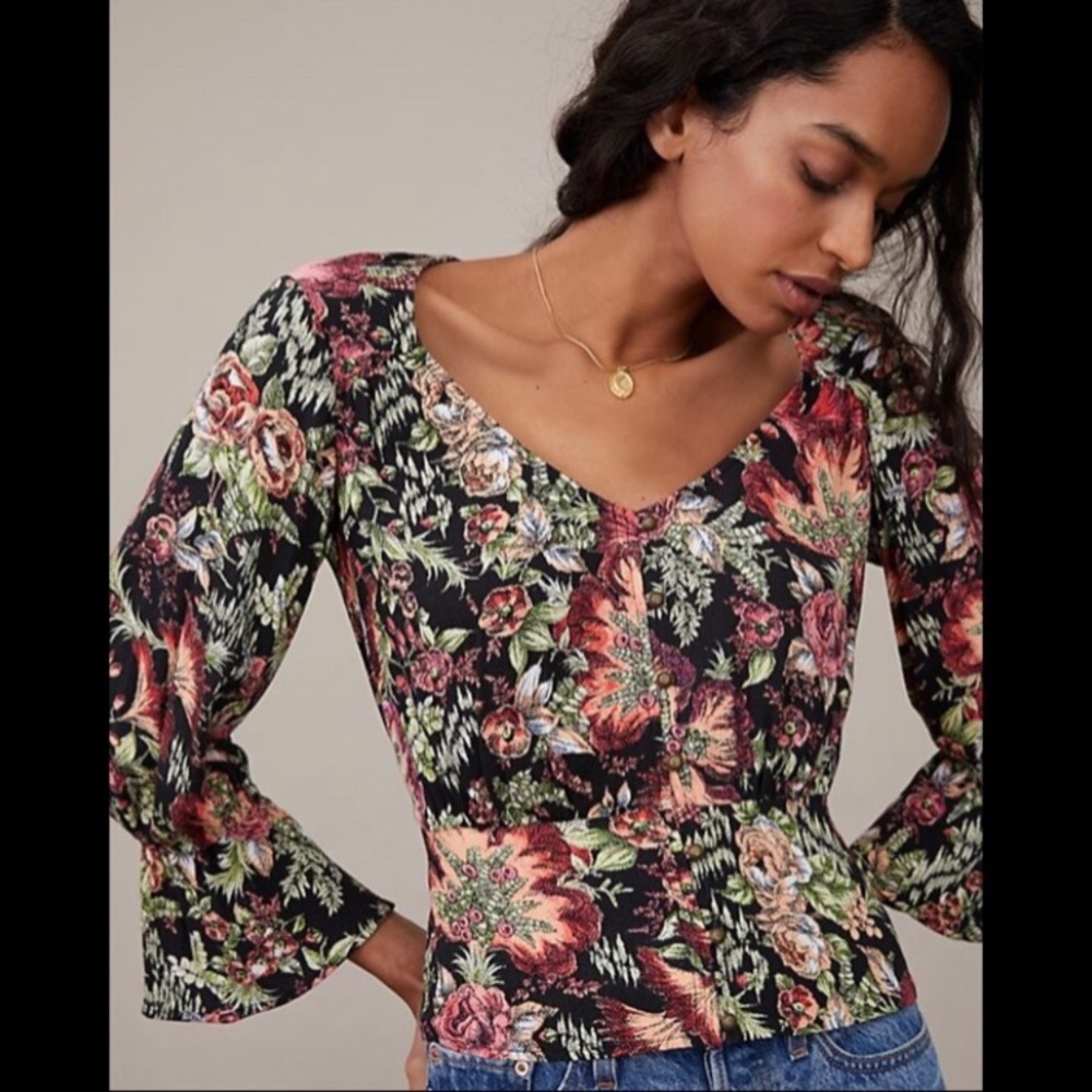 Maeve Percie Romantic floral blouse dark cottagecore boho sz XS balletcore